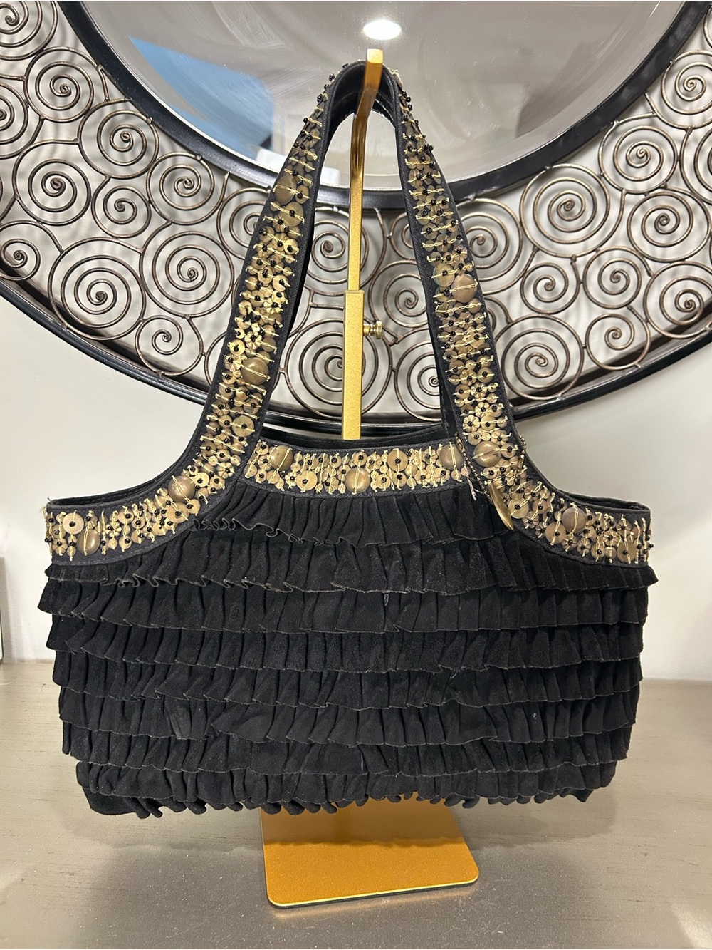 Mary Frances Black Ruffled Suede Shoulder Bag with Gold Sequin Trim